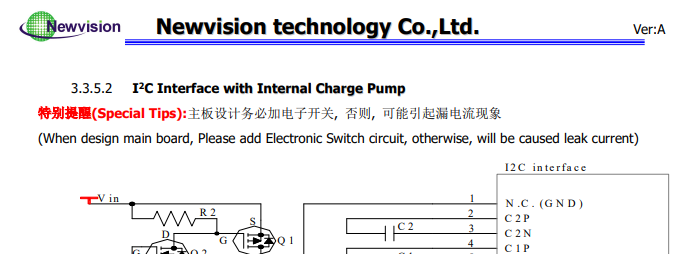 OLED panel datasheet I²C Interface reference design section, with the red "Special Tips" warning highlighted and the Q1/Q2 electronic switch circuit visible