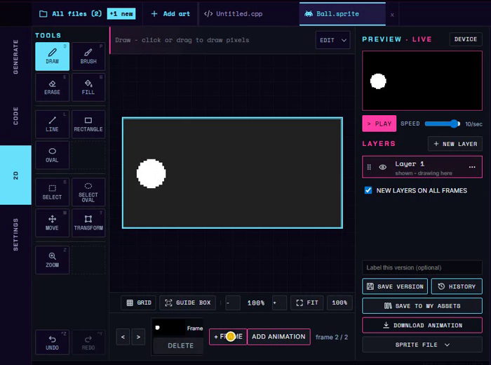 The studio's 2D editor with a ball sprite on the canvas, the drawing tools on the left and the live preview on the right