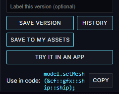 The Use in code line under the 3D tab's buttons, reading model.setMesh(&cf::gfx::ship::ship); with a Copy button