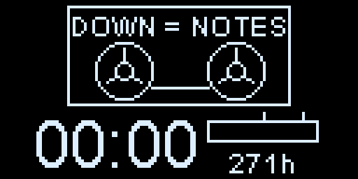 The Voice Notes recorder screen on a Cyber Fidget: a cassette with two reels and DOWN = NOTES at the top, the timer at 00:00, the level meter with its two ticks, and 271h of recording time left