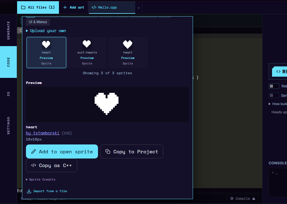 The heart's preview with its author and size, and the buttons Add to open sprite, Copy to Project and Copy as C++