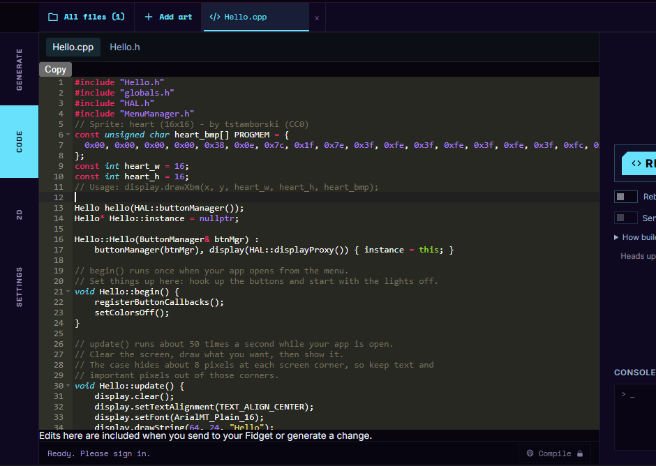 The code editor with the copied heart pasted on lines 5 to 11: a credit line, the heart_bmp bytes, heart_w, heart_h and a usage comment