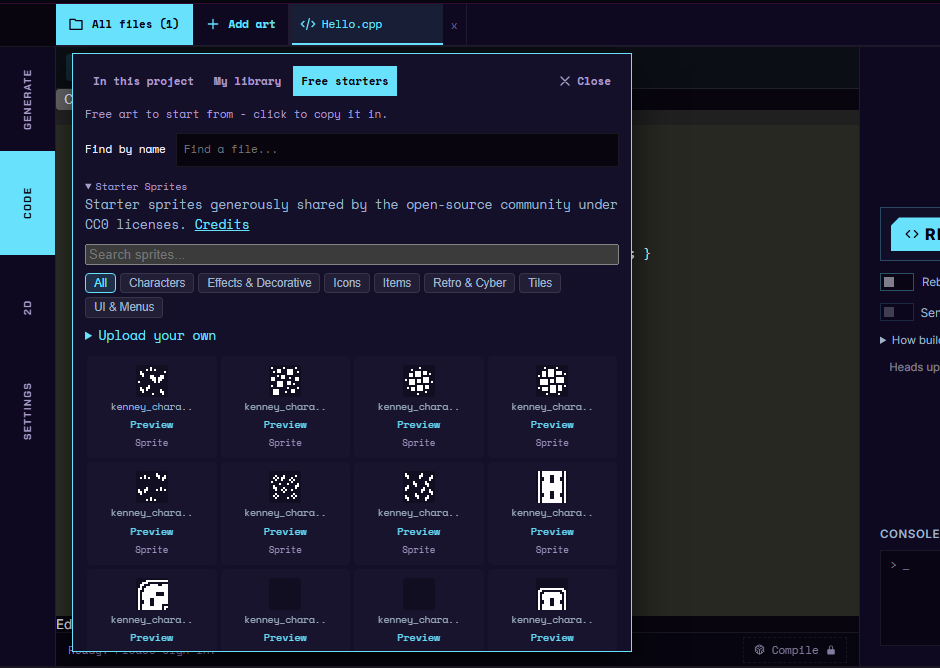 The All files panel on the Free starters tab: the Starter Sprites heading, a Search sprites box, category buttons such as Characters and Icons, and a grid of sprites
