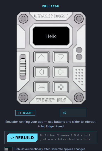 The emulator panel in the studio running a first app that shows Hello on the screen, with the REBUILD button below it