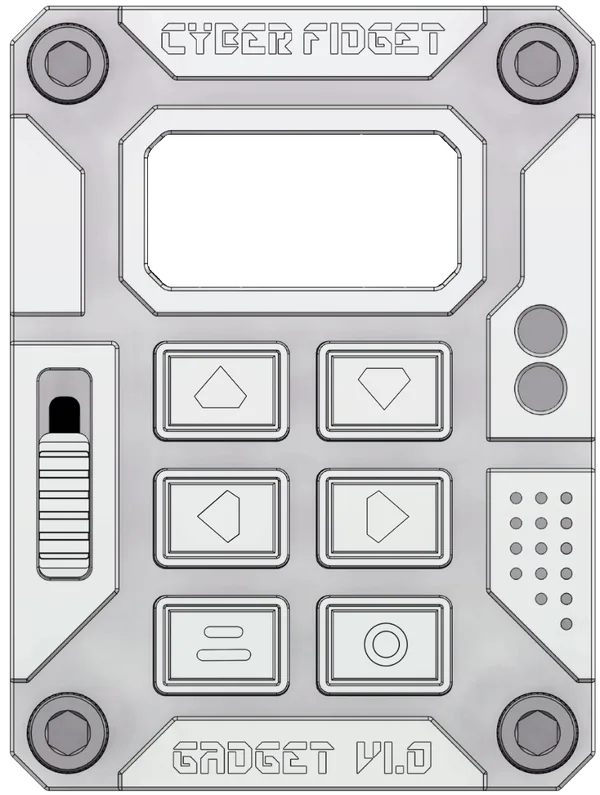 The face of Cyber Fidget: the screen at the top, the slider on the left and six buttons below it