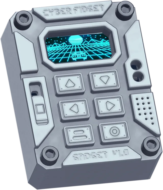 Cyber Fidget: a machined-aluminum case with a small glowing screen showing a retro sunset, a slider on the left and six buttons below the screen