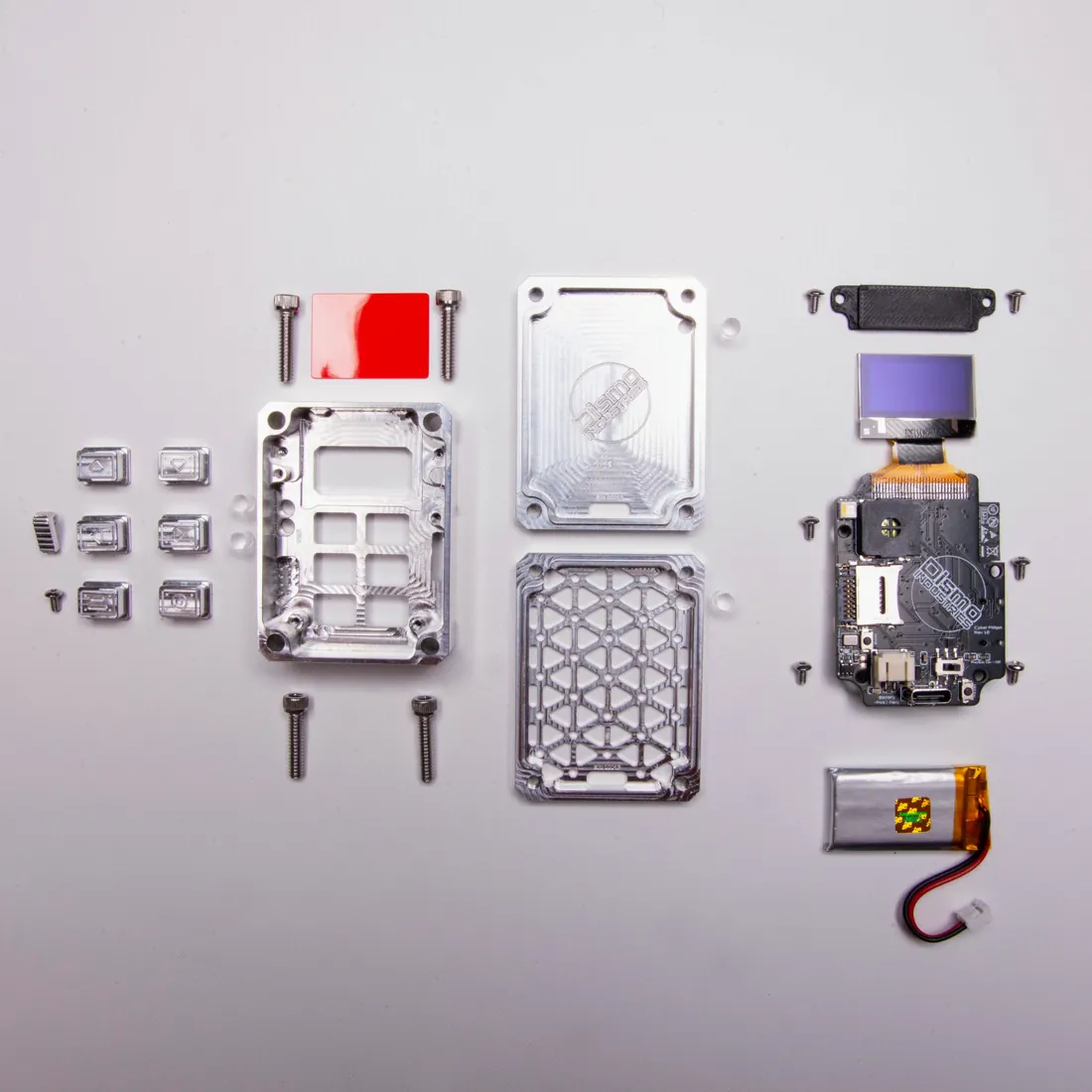 The Cyber Fidget mainboard with its USB-C charging port, and the battery that plugs into it