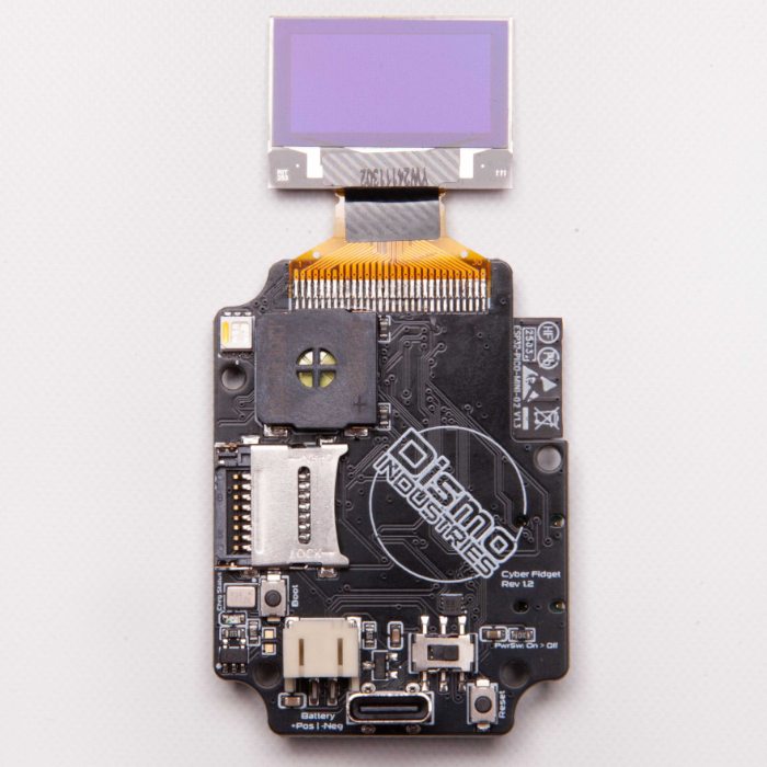 The Cyber Fidget mainboard on its own: the screen above it on a ribbon cable, the microSD slot, the USB-C port, the battery connector and the power switch