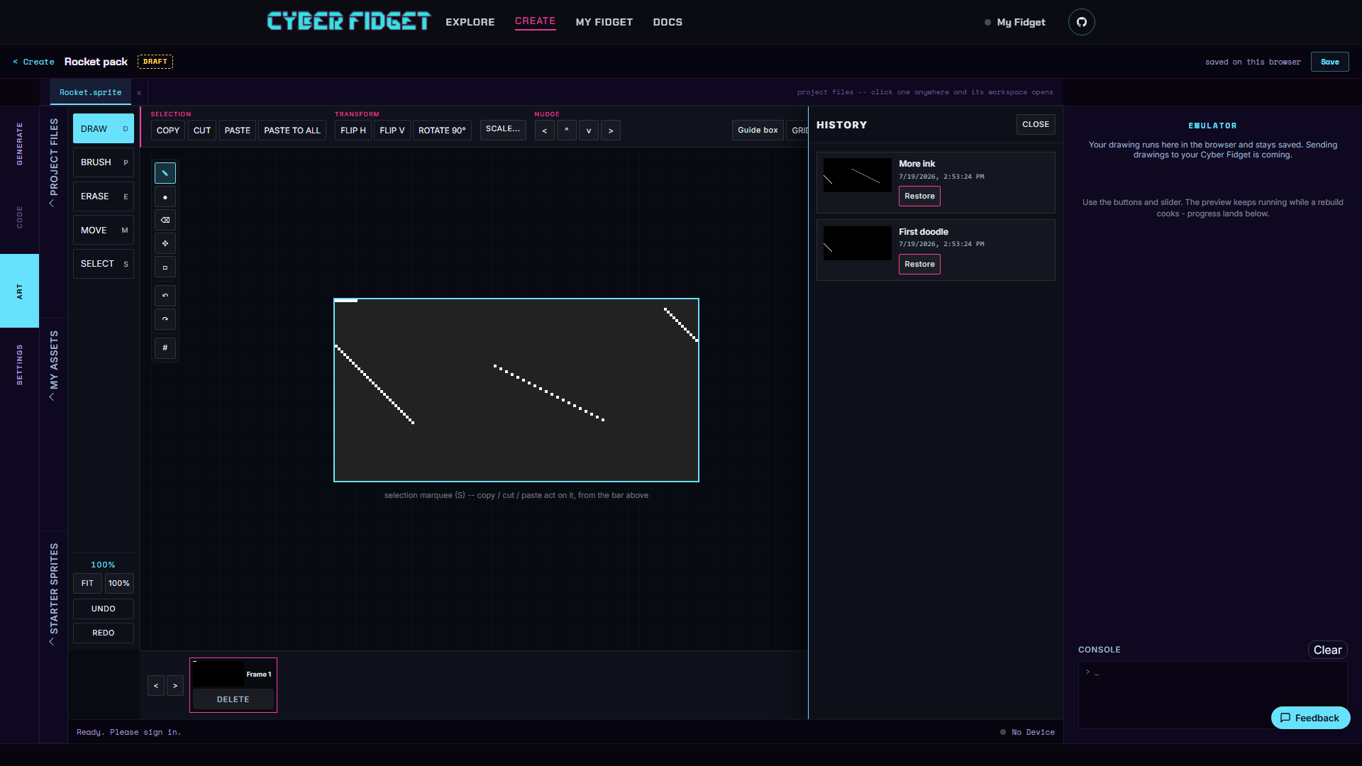 History panel showing drawing versions with previews and timestamps